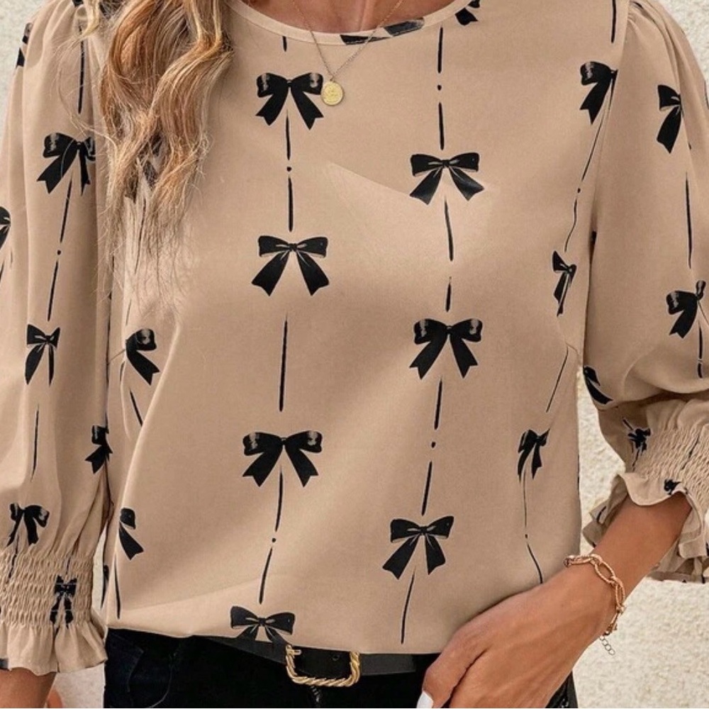 Women’s Elegant Tan Bow Print Women's Top